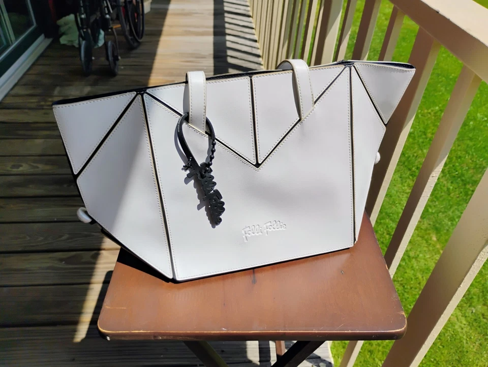 Folli Follie Geometric Foldable Tote Handbag Purse White & Black - Image 2 of 4