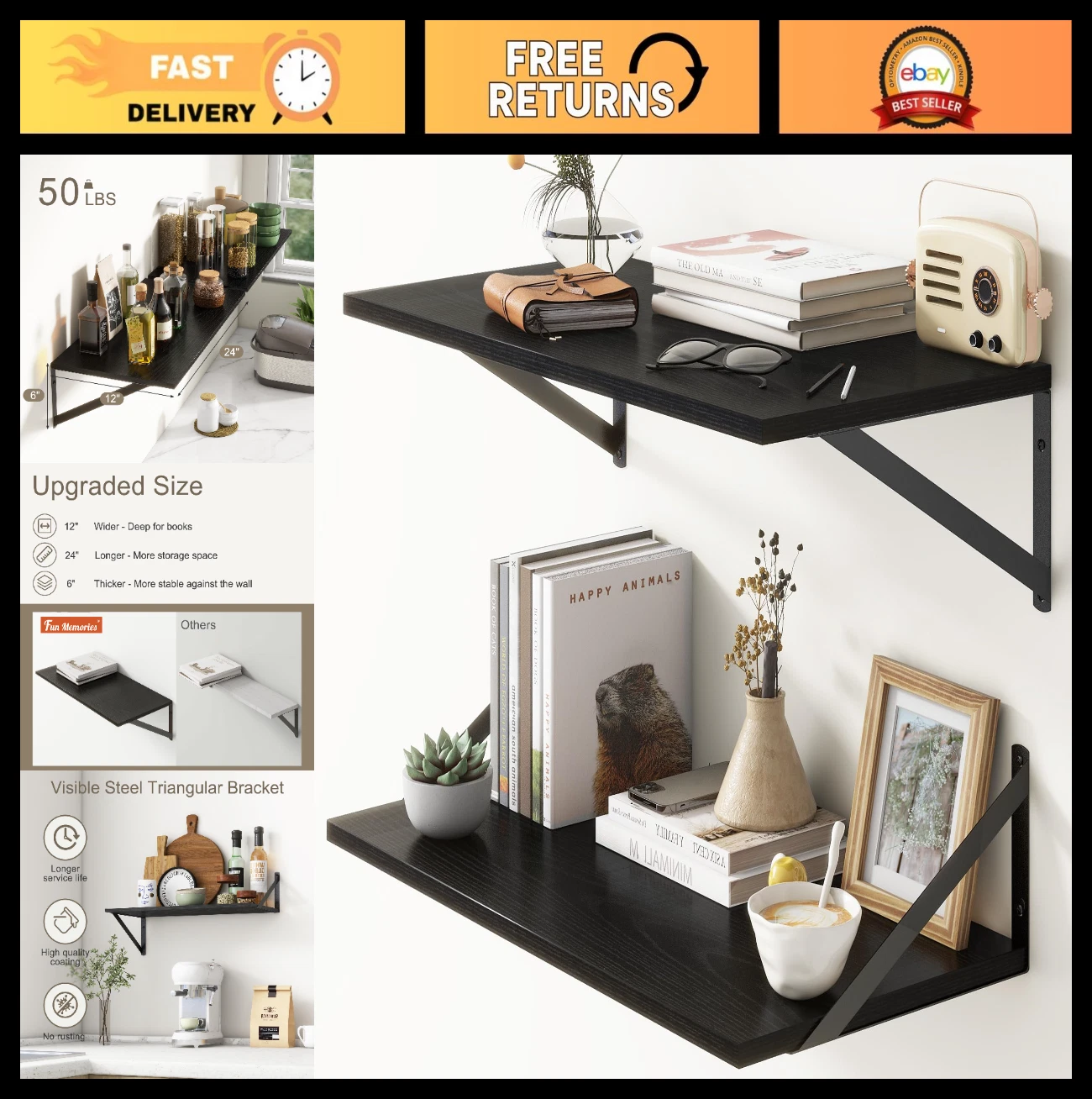 Set of 2 Deep 12-Inch Floating Wall Shelves - Rustic Black Wooden Display for Bo