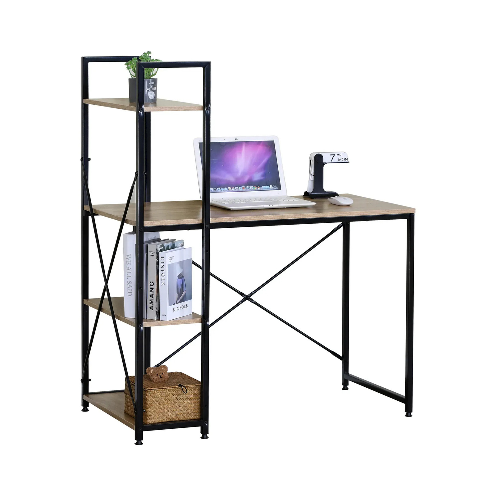 Computer Desk with 4 Tier Bookcase Shelves 100cm Rustic Brown Steel Home Office
