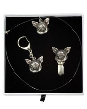Chihuahua - keyring, necklace, clip, set with a dog in white box, Art Dog USA
