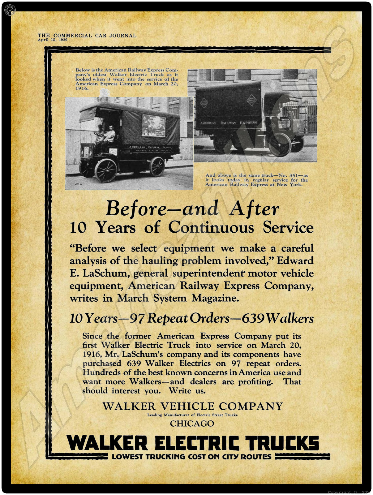 1926 Walker Electric Trucks New Metal Sign Railway Express Delivery