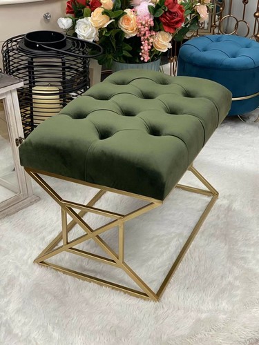 Premium handmade Tufted velvet stool/ottoman with Metal Gold base 44H-Sap Green - Picture 11 of 13