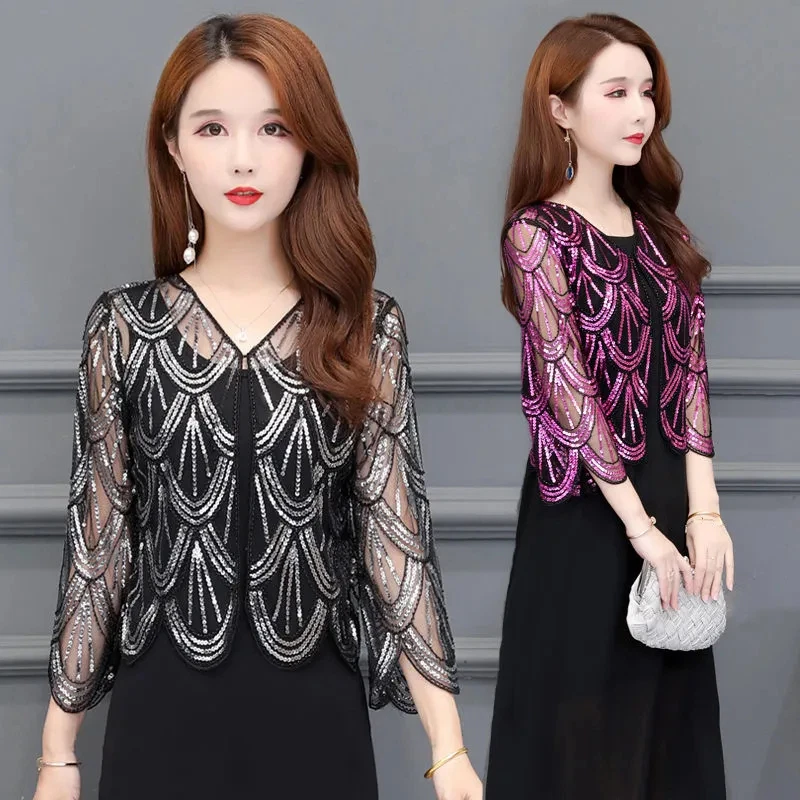 Lady Sequin Cropped Cardigan Mesh Glitter Bolero Jacket 3/4 Sleeve Top Cape Chic - Image 4 of 4