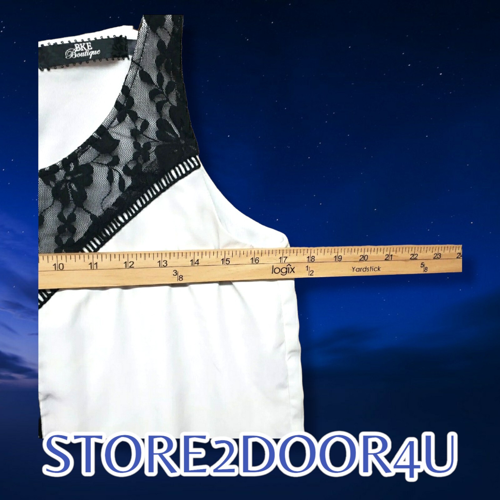 BKE BOUTIQUE MEDIUM WHITE SHEER SUMMER BLOUSE w BLACK FLORAL LACE, OPEN BACK