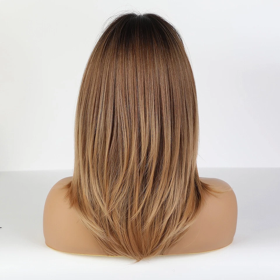 Natural Straight Layered Hair Wigs With Long Bangs for Women Ombre Brown Wig - Image 2 of 4