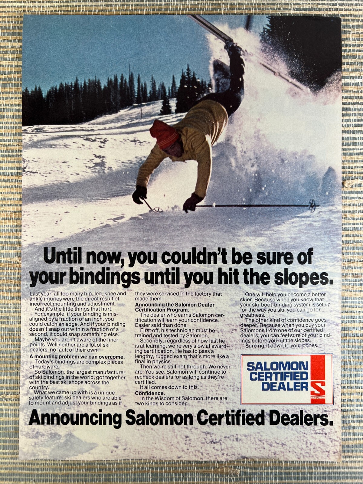 Salomon Attacchi Sci Rivenditori Certificati Sci Crash Autunno 1976 Pubblicità Stampa Vintage