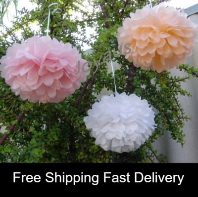 18x Tissue paper pom poms pink peach white wedding 21 birthday anniversary decor