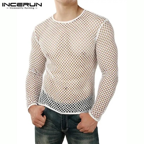 INCERUN 2025 Men T Shirt Mesh Transparent O-neck Long Sleeve T-shirts Sexy... - Picture 20 of 25