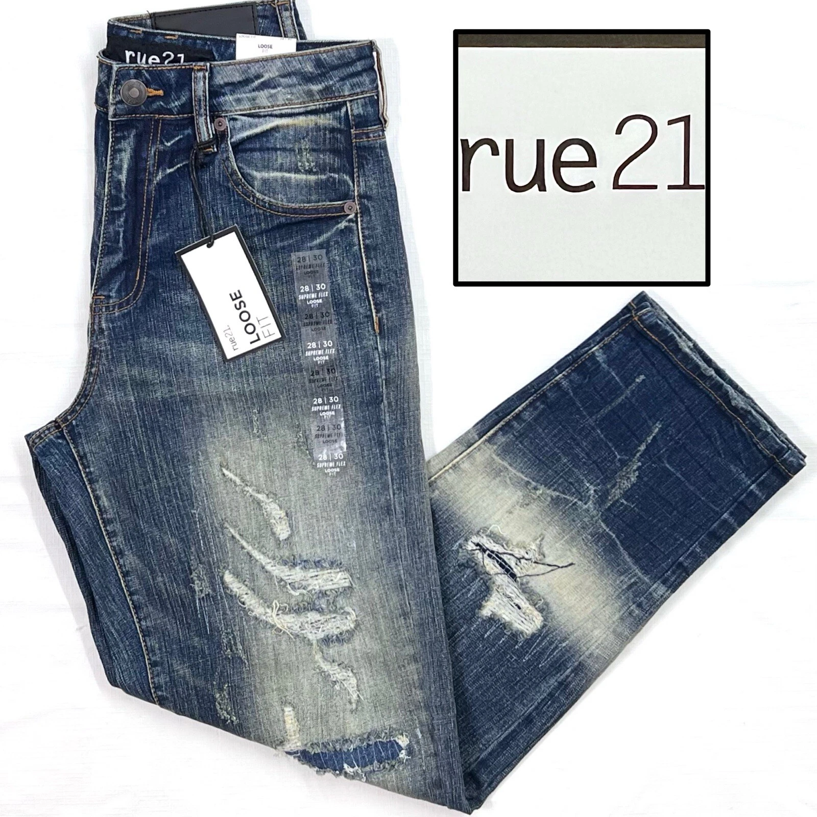Pantalon jean homme taille 28 x 30 neuf avec étiquette RUE21 Supreme Flex coupe ample vieilli denim foncé