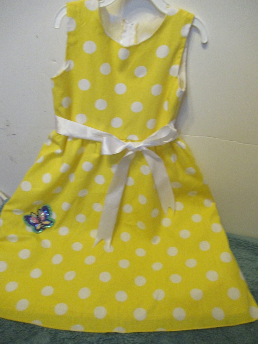 P10) Girls Yellow Kid Fashion Size Dress with White Polka Dots