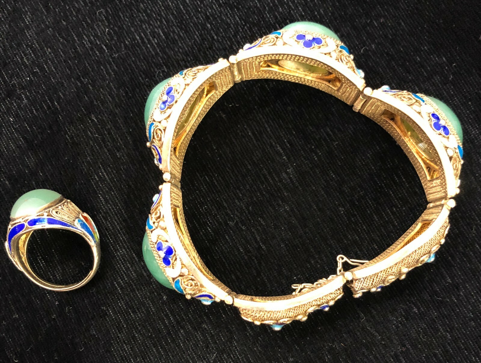 Antique Bracelet Cloisonne Gild Silver and Jade Cabac… Gem