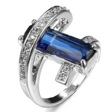 Xmas Rectangle Style London Blue Topaz AAA Zircon Silver Wedding Ring Sz 6-10