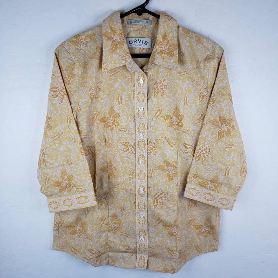 Blusa para mujer Orvis talla 10 floral amarilla manga 3/4 camisa con botones Foto 4 de 4