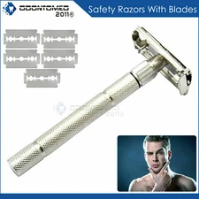 LONG HANDLE DOUBLE EDGE BUTTERFLY OPENING SAFETY RAZOR FOR MEN + 5 SHAVING BLADE