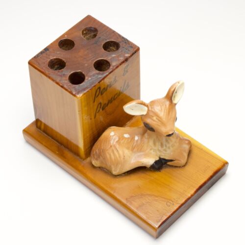 Deer Fawn Wood Pen Pencil Holder Midcentury Vintage Souvenir 6 Slots Virginia MN - Picture 3 of 21