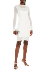 Abito manica lunga HERVE LEGER bianco con dettagli a rete e fascia increspata bodycon nuovo con etichette XS