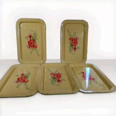 5 Yellow With Floral Metal Tin Lap Serving Trays VTG 1950's Read Description 