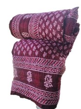 Indian Hand Block Print Cotton Quilt: Red Floral, Boho Bedding Blanket