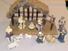 Vtg Christmas Manger Scene w/ Real Wood, Ceramic Figures + Paper Nativity Scene
