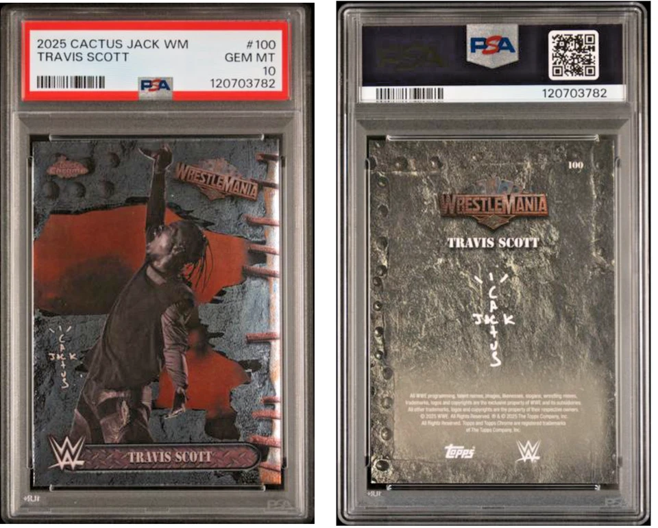 Travis Scott 2025 Topps Chrome WWE Cactus Jack Wrestlemania #100 PSA 10 Gem Mint - Image 3 of 3