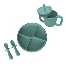 ITSY Baby Utensil Set   Silicone Training Cup, Plate and Twin Spoon Pack Sage