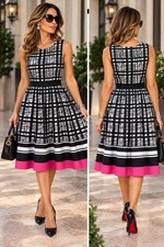 Black And White Fit-and-Flare Dress With Pink Border