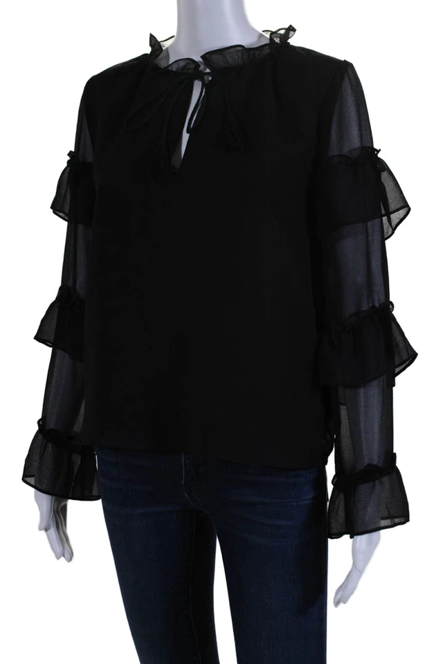 Blusa Top BB Dakota Para Mujer Cuello en V Volantes Manga Larga Atada Negra Talla M Foto 2 de 4