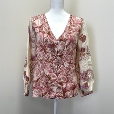 Tahari 100% Linen Floral Monstera Leaf Button Up Blouse M