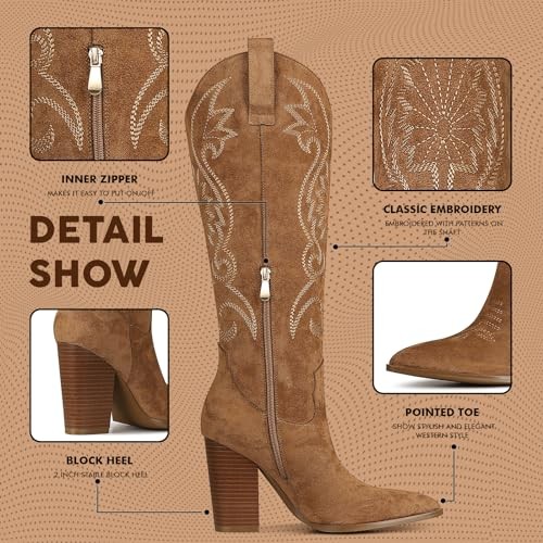 Knee High Cowboy Boots for Women Pointed Toe Chunky High Heels Pull-on - Bild 4 von 7