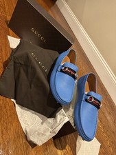 Gucci Men s Blue Leather Slip-On Loafers Roun...