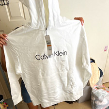 Calvin Klein Men  s White Logo Pullover Hoodie Size S Fleece Pockets
