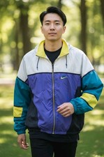 Nike Windbreaker Track Jacket Colorblock Men M White Teal Purple Yellow Vtg 80s