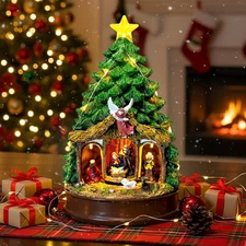 Musical Christmas Tree Rotating Nativity Scene Figurines w/ Star LED Light Gift