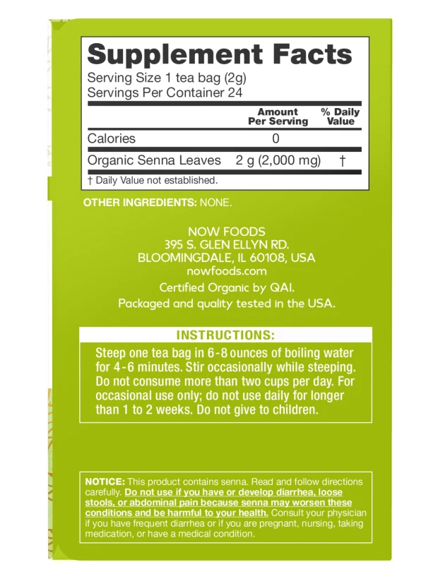 Té Senna orgánico té real sin cafeína 24 bolsitas de té de Now Foods Foto 2 de 4