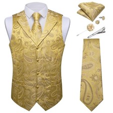 Mens Vest Tie Set 7PCS Silk Paisley Suit Waistcoat and Necktie XX-Large Gold