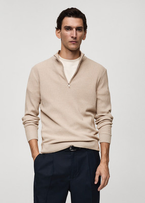 NEW MANGO Ribbed sweater with zip neck BEIGE SIZE S /100%AUTHENTIC