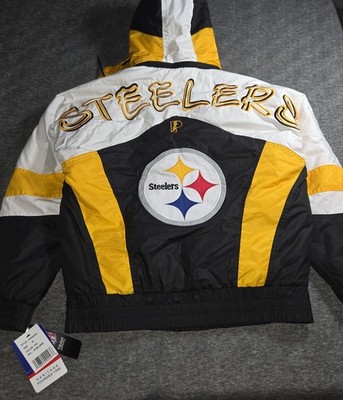 Pittsburgh Steelers Script Puffer Hood Jacket Vintage Look Pro Player Size M NEW