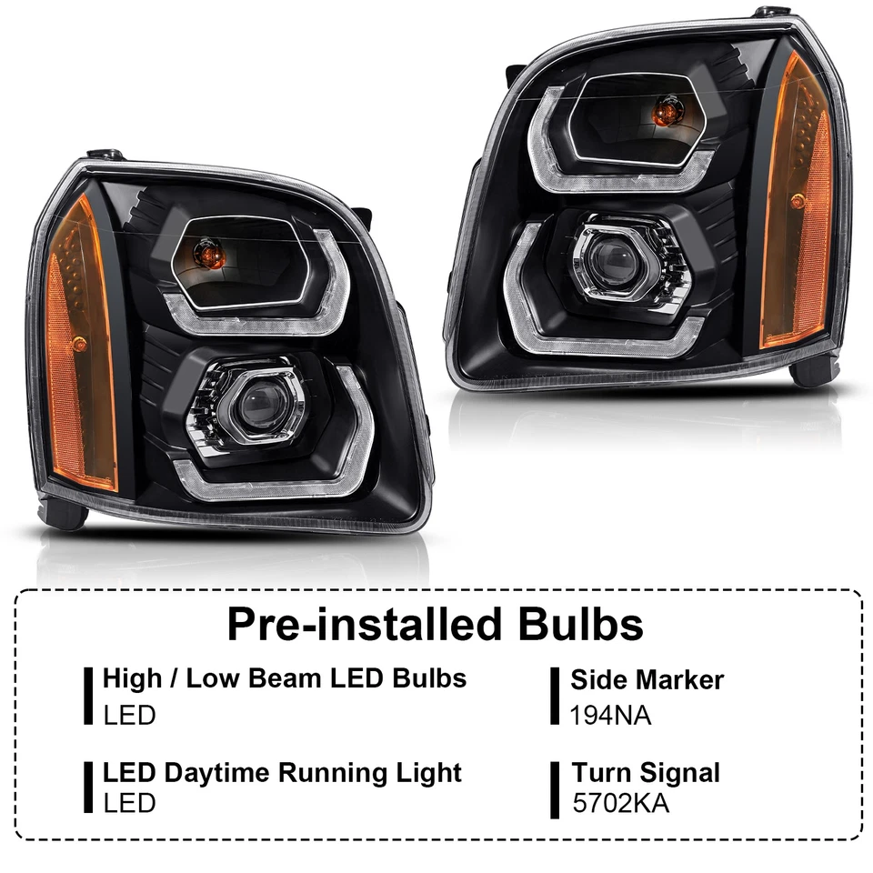 Black Sequential LED Projector Headlights For 2007-2014 GMC Yukon XL 1500 LH RH - Image 2 of 4