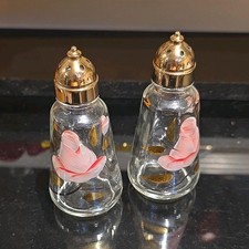Glass Salt & Pepper Shakers Gold Metal Tops Pink Floral Design Round Set of 2