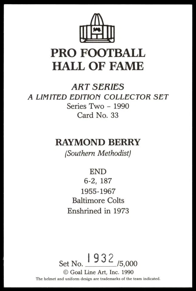 Кольты Raymond Berry 1990 Goal Line Art Hall of Fame No33 - Изображение 2 из 2