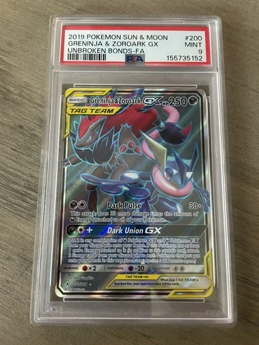 2019 Pokémon Greninja & Zoroark GX Full Art Holo 200/214 PSA 9