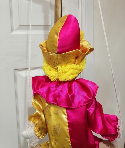 String Marionette Clown Pink Yellow Outfit Puppet on Swing Porcelain Face 29" - Picture 7 of 8