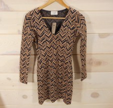 Everly Women's Sz S V-Neck Dress Black Tan Zig Zag New USA Made Bodycon