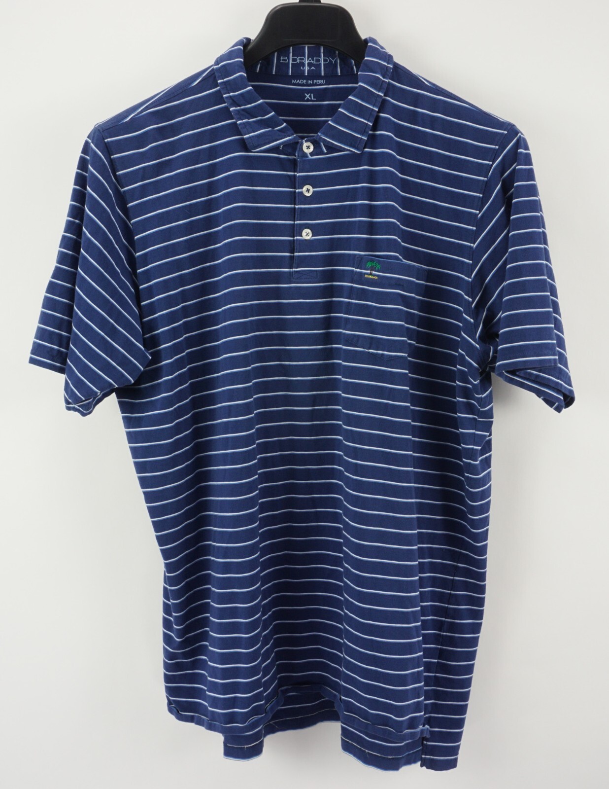 B Draddy Men's XL Short Sleeve Blue White Stripe Cotton Stretch Golf Polo Shirt