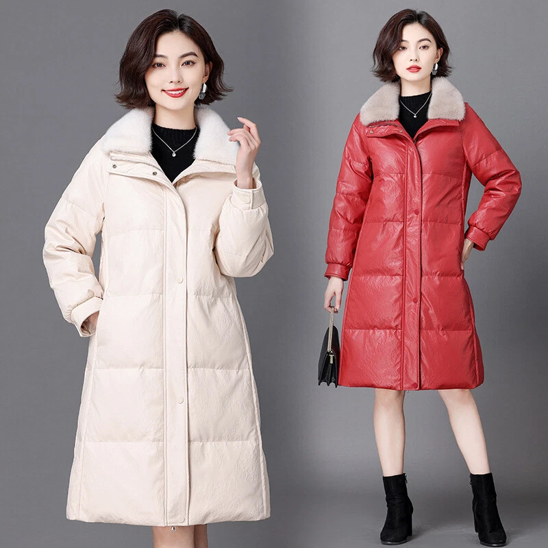 Womens Real Mink Fur Collar Leather Sheepskin Down Jacket Coat Mid Long Overcoat - Image 3 of 4
