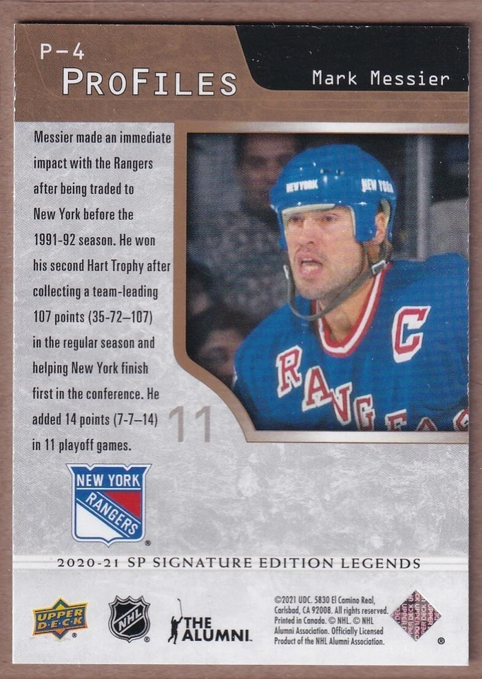 2020-21 SP Signature Legends Profiles Gold #P4 Mark Messier 16/49 - RANGERS - Image 2 of 2