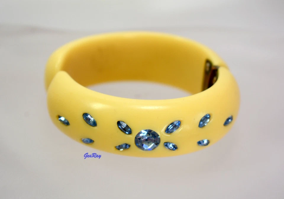 Brazalete con abrazadera de celuloide Art Deco BLANCO con bisagras brazalete azul estrás Foto 3 de 4