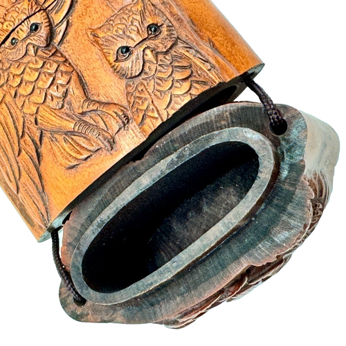 Hand-Carved Owl Inro Box Hard Wood Netsuke Ojime on Cord Signed - Picture 6 of 14