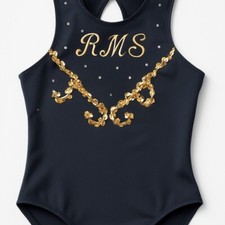 Jazz Dance Leotard Outfit Gold Sequin Rhinestones RMS Built In Bra Shorts 34