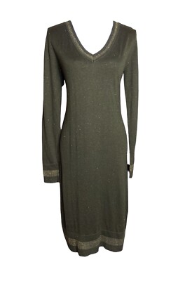 Biba Khaki Green Metallic Gold Thread Jumper Dress Size M Medium Winter  Autumn UK